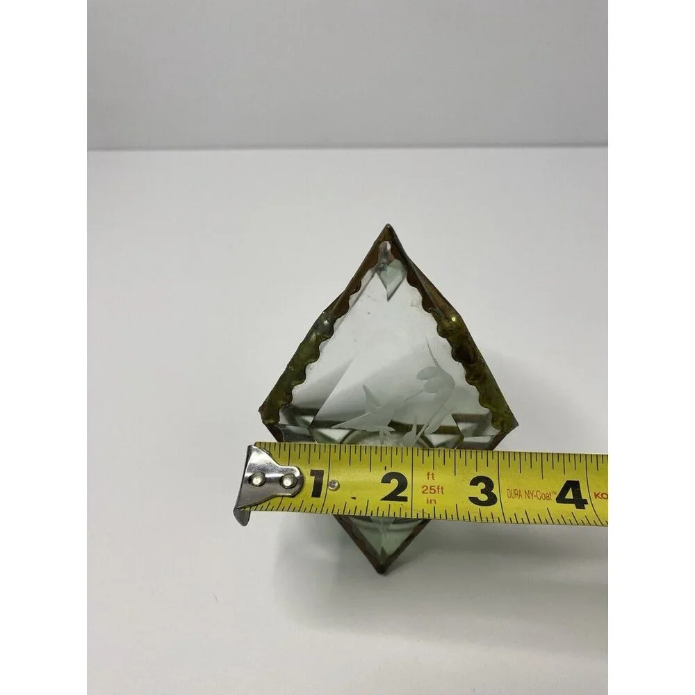 Stained‎ Green Glass Tea Light Holder Etched Glass Hummingbird Floral Design